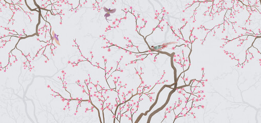 A branch of cherry blossoms with birds. Frescoes, murals, murals for interior printing.