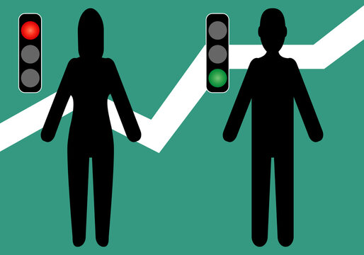 Mujeres inversoras vs hombres inversores. Silueta de una mujer inversora y un hombre inversor con un sem&aacute;foro verde y rojo sobre un gr&aacute;fico de la bolsa