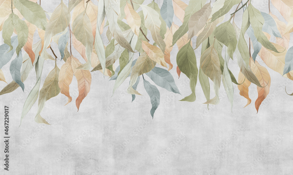 Wall mural hand-drawn branches with leaves hanging from above on a textured background. seamless pattern.