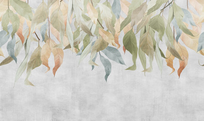 Hand-drawn branches with leaves hanging from above on a textured background. Seamless pattern. - 467229017