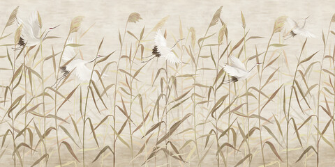 Fototapety  Hand-drawn reeds with flying storks. For interior printing.