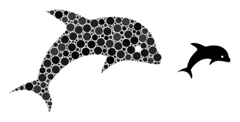Dolphin vector collage of circle dots in different sizes and color shades. Round dots are composed into dolphin vector collage. Abstract vector design concept.