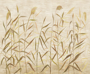 Hand-drawn reeds with a textured texture in beige tones. For interior printing.