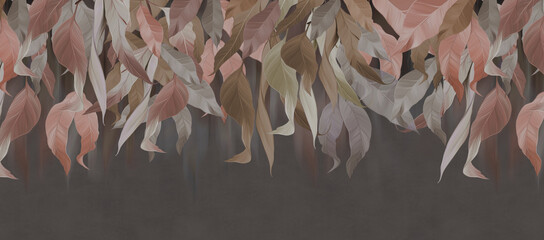 Leaves on top in brown tones on a textured background. Digital painting. Interior printing. - 467229056