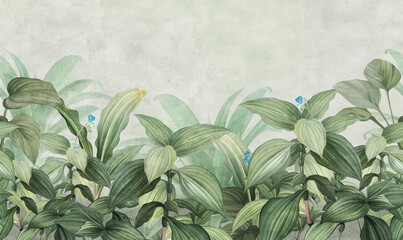 Motley grass. Tropical plants in the style of frescoes. Seamless pattern for interior printing. - 467229078
