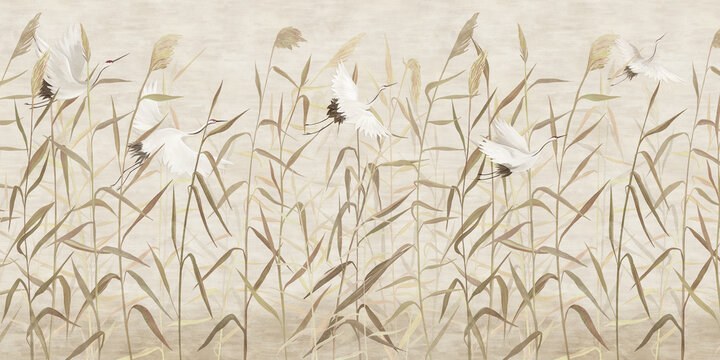 Fototapeta Hand-drawn reeds with flying storks. For interior printing.