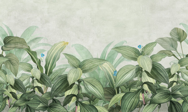 Motley grass. Tropical plants in the style of frescoes. Seamless pattern for interior printing. © Katrine_arty
