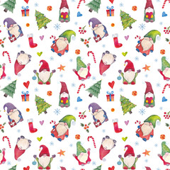 Watercolor Christmas pattern with dwarfs. Seamless texture for Christmas decor, fabric, wrapping paper