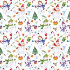Watercolor Christmas pattern with snowmen. Seamless texture for Christmas decor, fabric, wrapping paper - 467229216