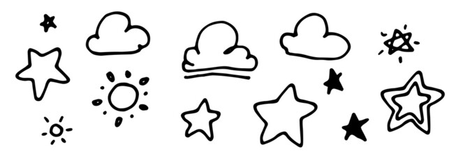 star and cloud icons. set of isolated sun and stars with clouds, drawn in doodle style vector design elements for children isolated black outline on white