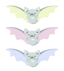 Vector illustration. Set of cute bats. Colored wings (pink, yellow, lilac). Cartoon gray vampire. Halloween decoration.