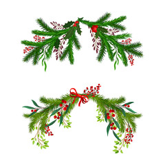 Evergreen Fir Tree Branches and Berry Twigs Semicircular Vector Composition Set