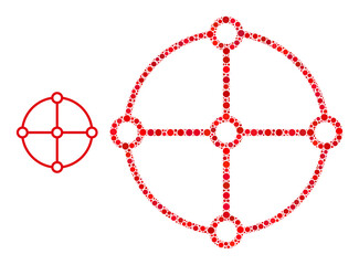 Round grid structure vector composition of dots in variable sizes and color shades. Circle dots are grouped into round grid structure vector composition. Abstract vector design concept.