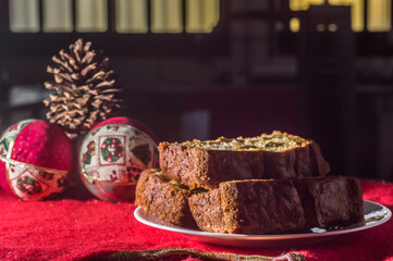 christmas cake with fruits , christmas concept with copy space , dark background