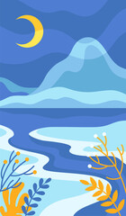 Blue Night Abstract Landscape with Mountains and Crescent in the Sky Vector Illustration