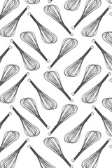 Pattern with Metal Balloon whisk on the white background. Kitchen tools creative flat lay.