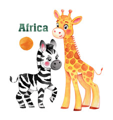 Fototapeta na wymiar Watercolor African animals. Cute zebra and cute giraffe. Isolated animals. stickers.