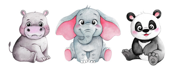 Watercolor set of animals. Hippo, Elephant, Panda. It can be used to decorate walls, to print on fabric or postcards.