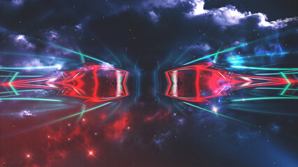 Dark abstract futuristic modern neon background. Futuristic space dark background with rays and neon lines. Neon abstraction. Symmetrical reflection, perspective. neon. 3D illustration. 