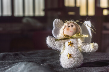 christmas concept with santa claus , angel , ornaments and plush , copy space and selective focus ,...