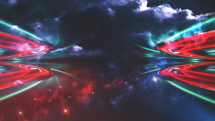 Dark abstract futuristic modern neon background. Futuristic space dark background with rays and neon lines. Neon abstraction. Symmetrical reflection, perspective. neon. 3D illustration. 