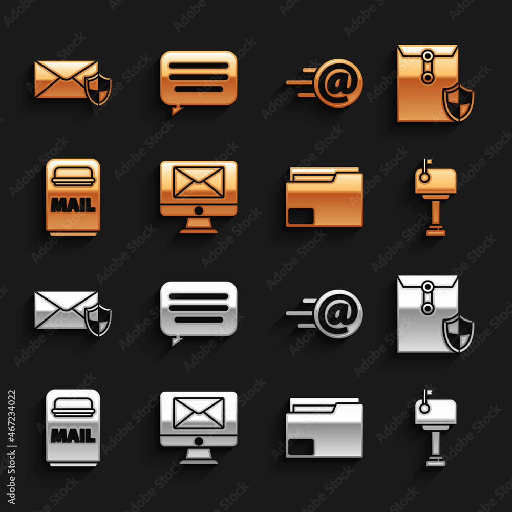 Poster set monitor and envelope, envelope with shield, mail box, document folder, e-mail, and speech bubble