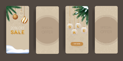 Vertical christmas banners with fir branches and christmas tree balls. New year sale flyers layout.