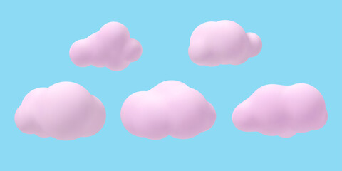 Set of 3d vector pink clouds. Decorative elements isolated on blue background. Vector illustration.
