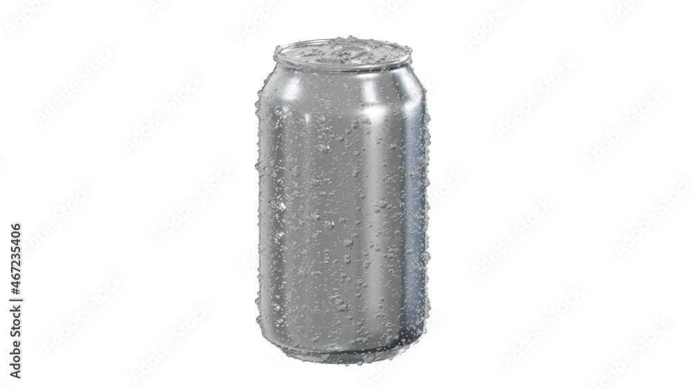 Poster realistic seamless looping 3d animation of the spinning ice-cold wet aluminum alcohol or soft drink 