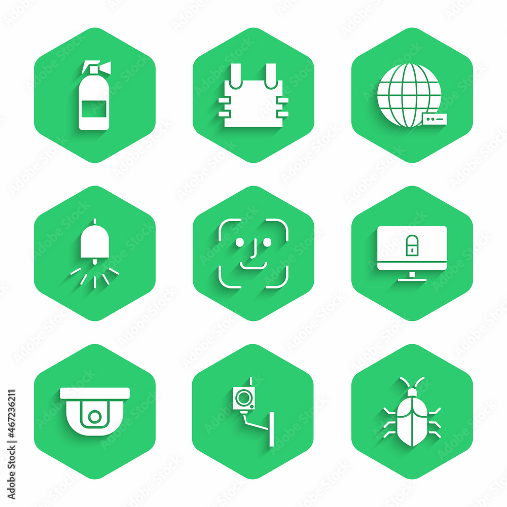 Poster set face recognition, security camera, system bug concept, lock computer monitor, motion sensor, rin