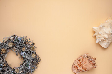yelllow background and table sea scenery and seashells decoraton for you