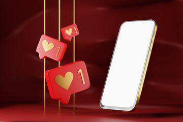 Mokap mobile phone on red background with huskies. 3D render.