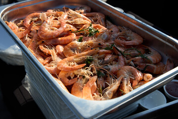 King's shrimp. Grilled shrimp and plattered. Delicious orange shrimp. High quality photo