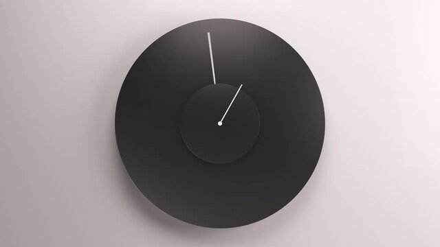 Minimalistic black clock on a wall. Fast motion of minute and hour arrow. 3d render.