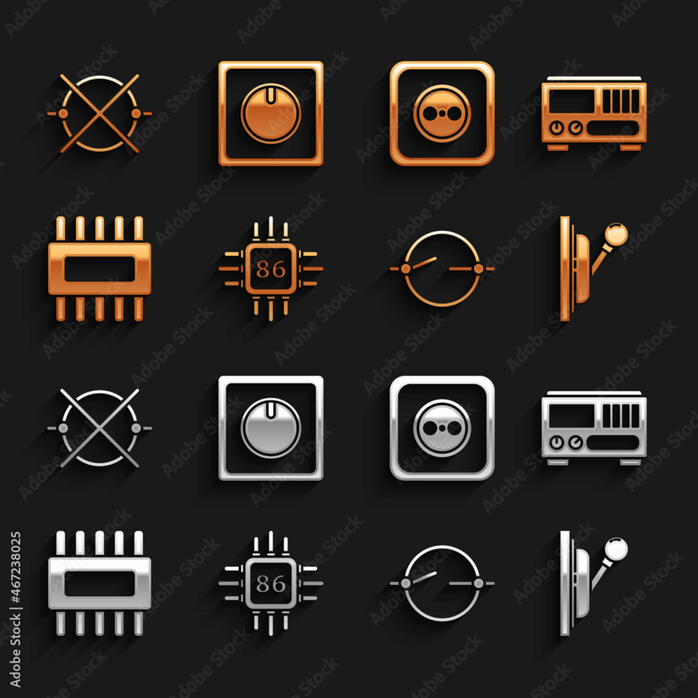 Poster set processor with microcircuits cpu, electrical measuring instruments, panel, scheme, outlet, and l