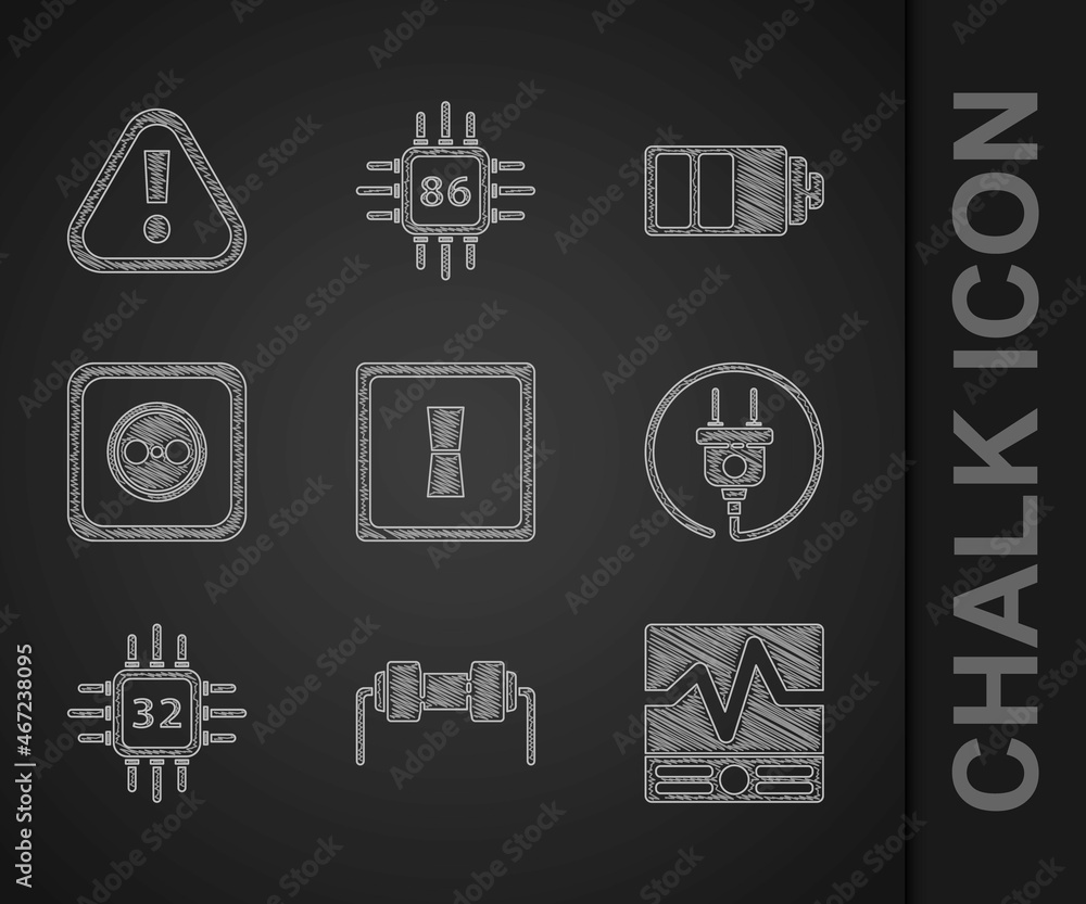 Poster set electric light switch, electrical measuring instruments, plug, processor with microcircuits cpu,