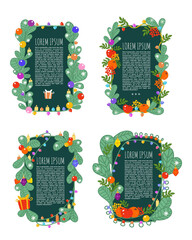 A set of New Year templates for text. Christmas backgrounds for text with fir branches, candles, decorations, LED garlands and fruits. New Year green banner, postcard. Cartoon vector illustration.