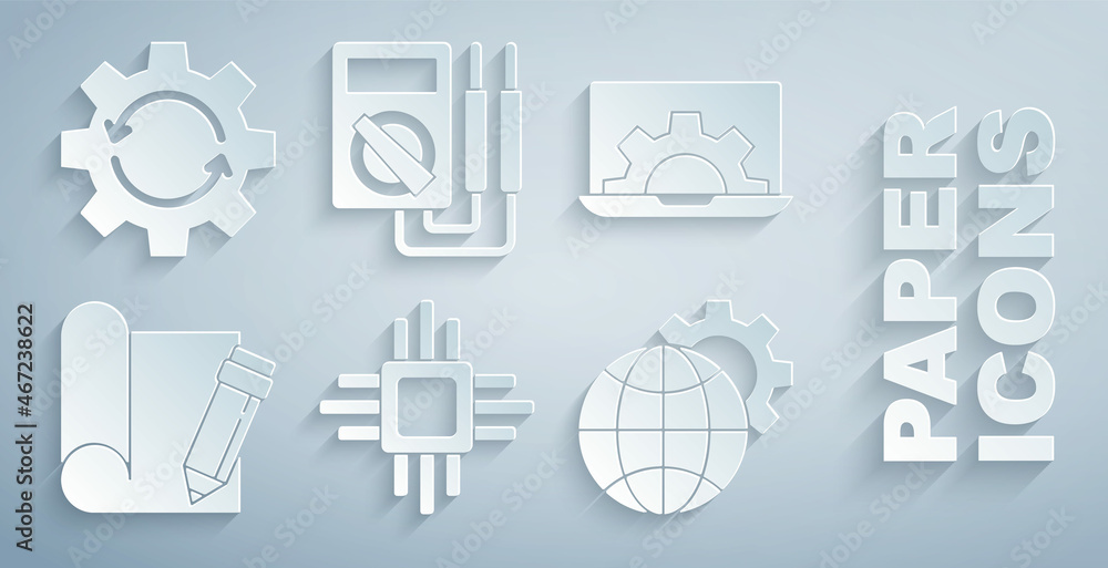 Poster set processor with microcircuits cpu, laptop and gear, graphing paper pencil, globe of the earth, mu