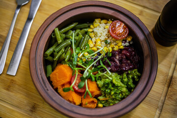 poke bowl, vegetarian food, vegan, proper nutrition, natural food, healthy food, salad, vegetables, microgreens