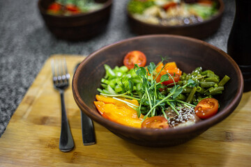 poke bowl, vegetarian food, vegan, proper nutrition, natural food, healthy food, salad, vegetables, microgreens