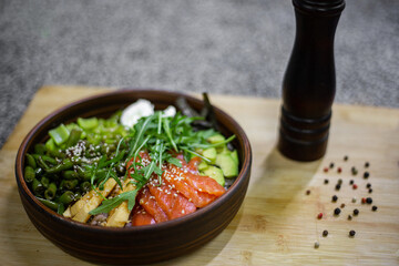 poke bowl, proper nutrition, natural food, healthy food, salad, raw fish, vegetables, microgreens