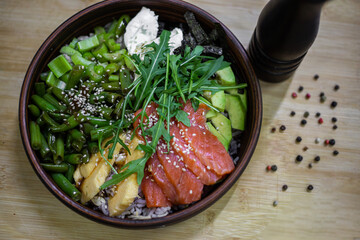 poke bowl, proper nutrition, natural food, healthy food, salad, raw fish, vegetables, microgreens