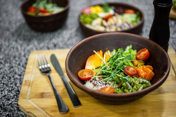 poke bowl, proper nutrition, natural food, healthy food, salad, raw fish, vegetables, microgreens