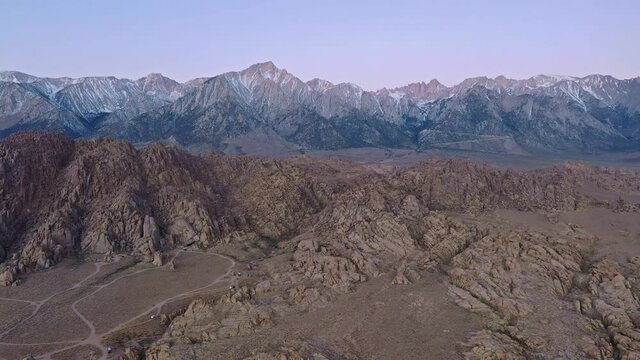 2021 - Excellent aerial shot of the snow-capped Mount Whitney in California's Alabama Hills.