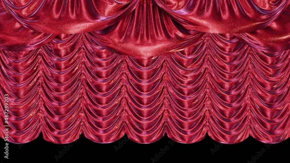 Poster realistic 3d animation of the luxurious and fancy textured red metallic austrian theater stage curta