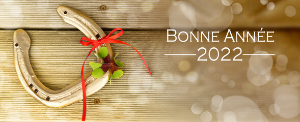 glücksbringer hufeisen und kleeblatt mit guten wünschen für das neue Jahr - bonne annee