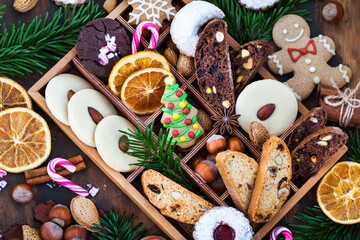 Fototapeta na wymiar Sweet Christmas cookies in wooden box on rustic table
