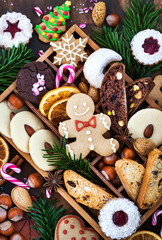 Sweet Christmas cookies in wooden box on rustic table