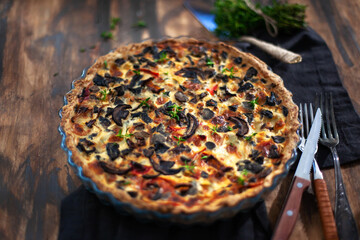 Delicious homemade mushrooms and cheese quiche ore tart (open pie)