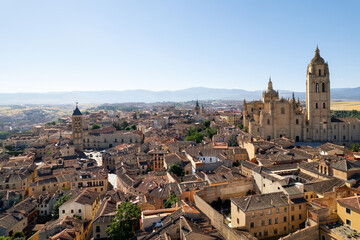 Drone point of view famous Cathedral and old city of Avila. Spain